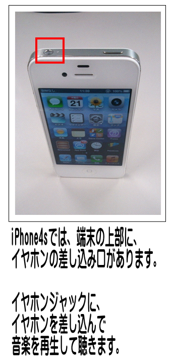 iPhone4Sの場合には、本体上部にイヤホンの差し込み口があります。